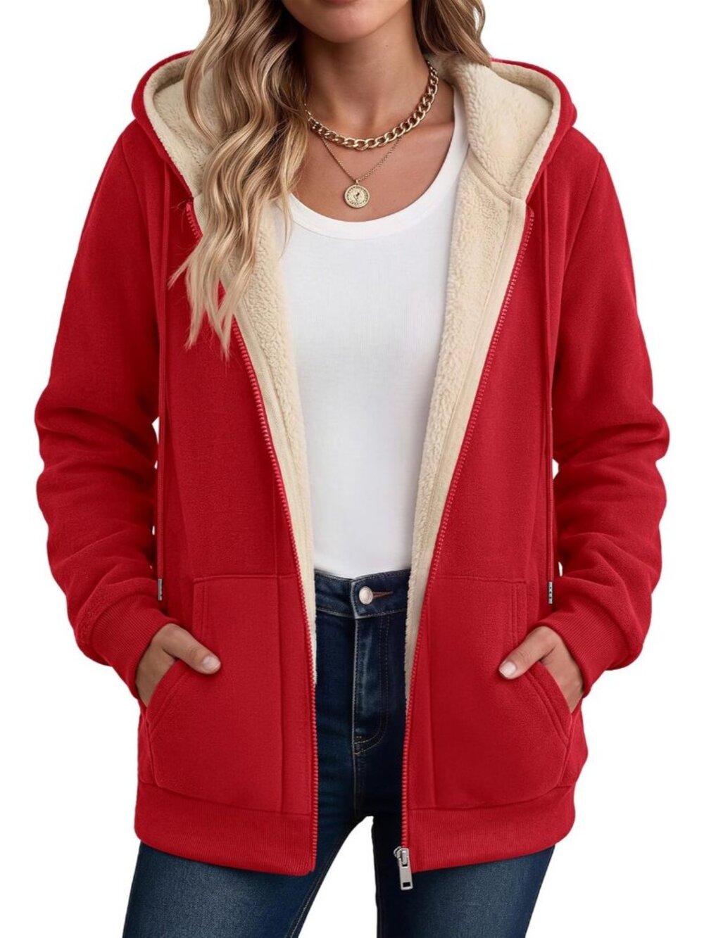 Women's Solid Red Fleece Lined Drawstring Hood Kangaroo Casual Winter Jacket